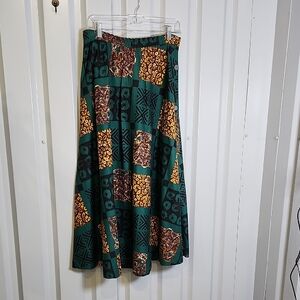 Gene Ewing BIS Vintage 80s Patchwork Print Circle Skirt Green Brown Size Small